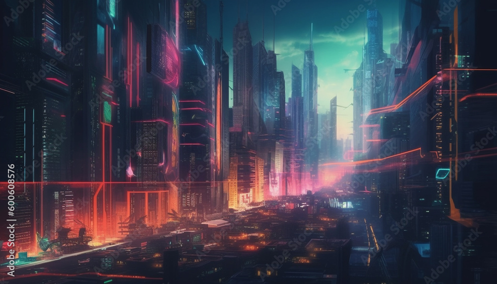 The futuristic city skyline glows with vibrant colors and motion generated by AI