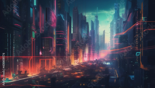 The futuristic city skyline glows with vibrant colors and motion generated by AI