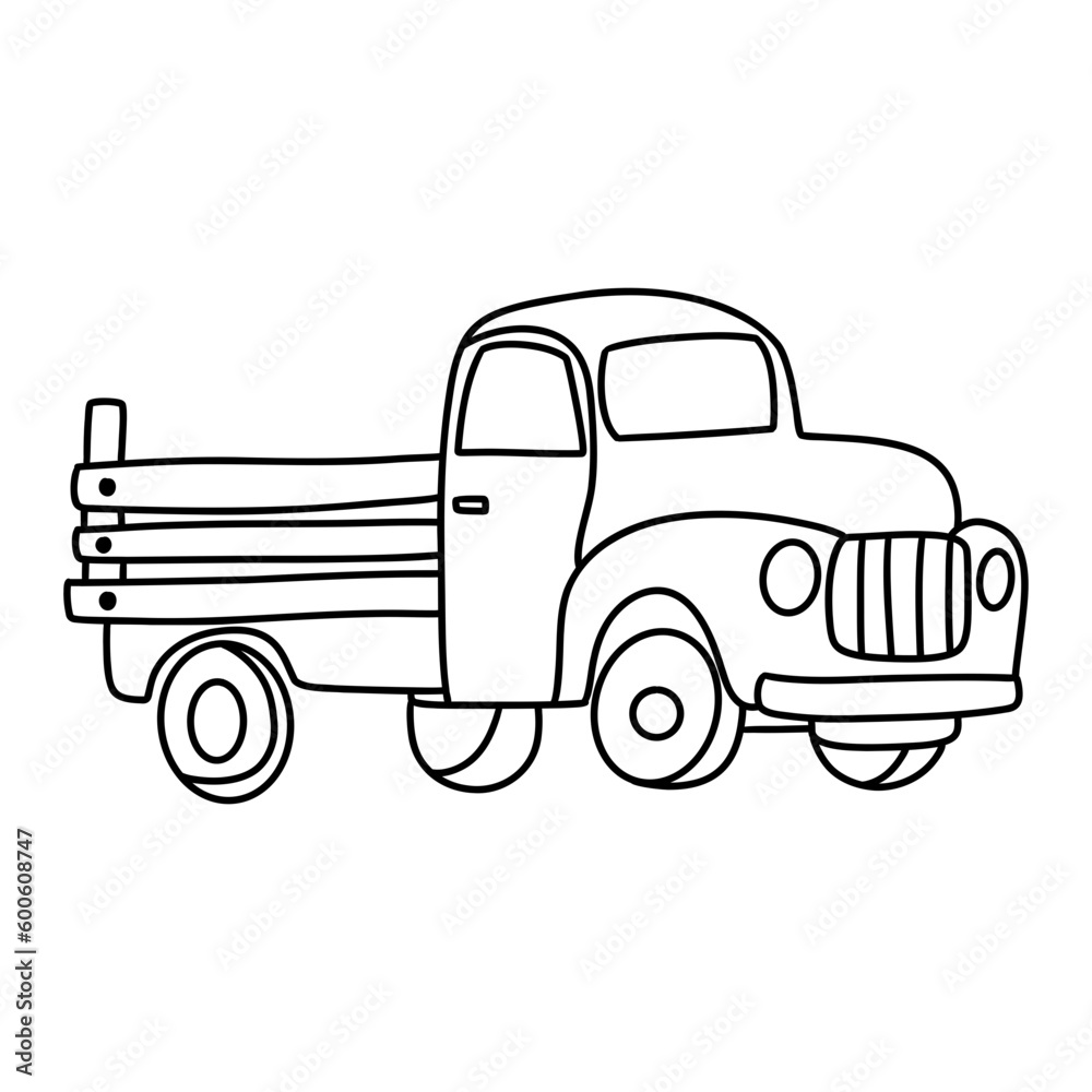 Vintage turquoise truck, hand drawn illustration of old retro car