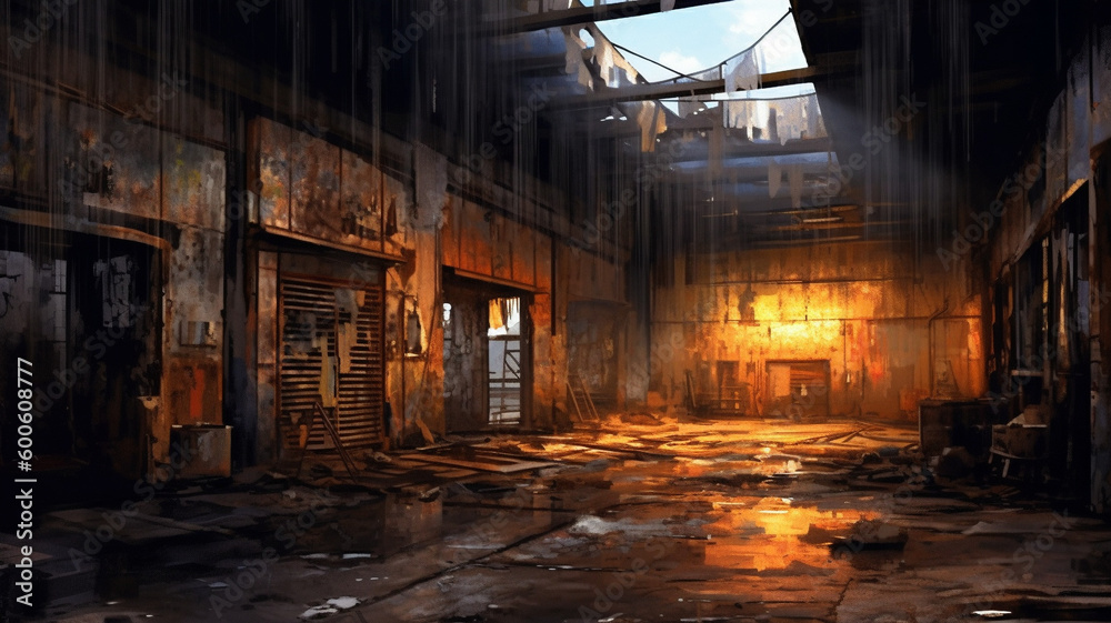 An eerie abandoned warehouse with rusty metal walls, broken windows, and shadows lurking in the corners. generative ai.