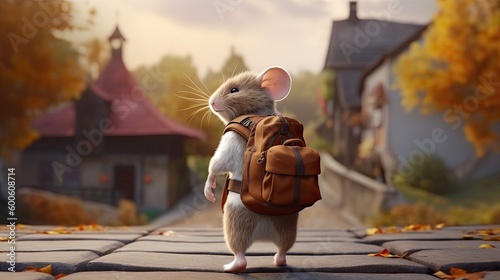 Adorable adventurous cartoon mouse on a trek with a backpack. Cute pet on a trip.