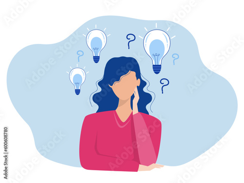 woman thinking with question mark and light bulb doubts his choice about Creativity,Problem solving thoughtful pose concept  design illustration