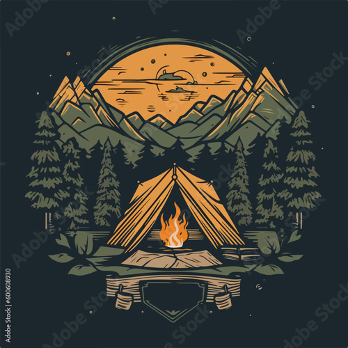 Mountain camp hiking evergreen pine forest and river scene vintage badge logo vector illustration