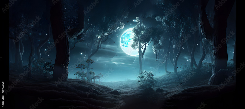 Magical forest at night time. AI generated