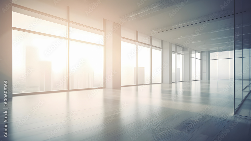  Empty interior of modern office with sun light, copy space, AI generated