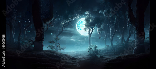 Magical forest at night time. AI generated