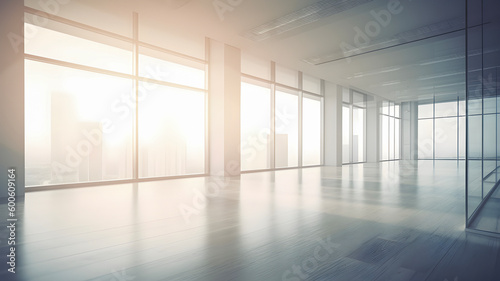  Empty interior of modern office with sun light, copy space, AI generated