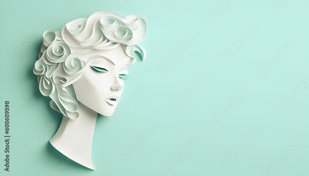 Paper art pretty women face on pastel green background, free space, super sharp. AI generated