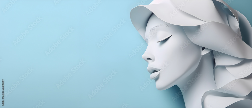 Paper art pretty women face on pastel blue background, free space. AI generated Paper art pretty women face on pastel blue background, free space. AI generated