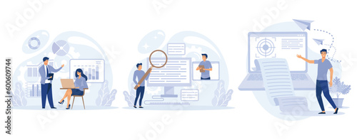 Project development specifications concept, Business analysis, software requirement description, vision and scope document, set flat vector modern illustration