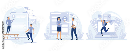 Employment process  concept, Resume writing service, job interview, job offer, CV online, cover letter, candidate profile, recruiter, hiring manager, set flat vector modern illustration