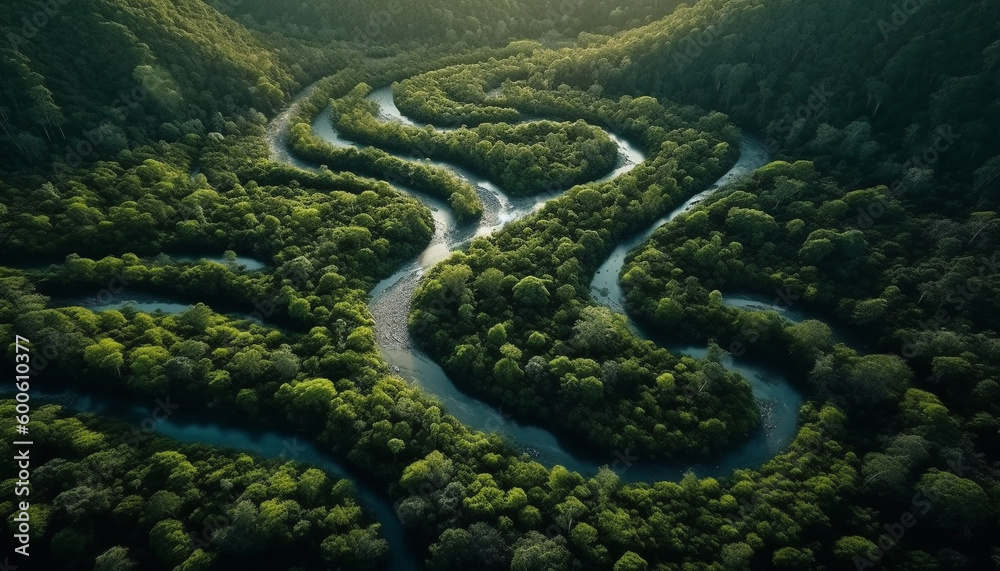 Obraz premium Tranquil scene: Aerial view of green forest and blue water generated by AI