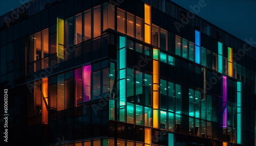 A futuristic skyscraper illuminated by vibrant blue and yellow lighting generated by AI © djvstock