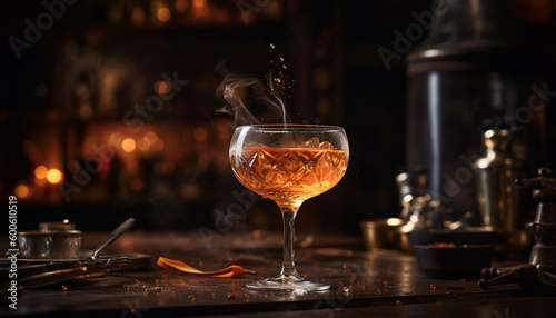 Luxury whiskey poured into old fashioned glass on wooden bar counter generated by AI