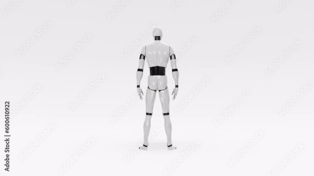 Full -body humanoid robot turning in loop, isolated white on white background, which represents artificial intelligence, 3D representation, cyborg, android Full -body humanoid robot turning in loop, isolated white on white background, which represents artificial intelligence, 3D representation, cyborg, android