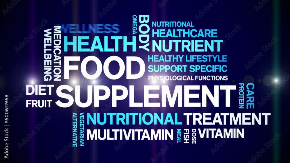 Food Supplement animated tag word cloud;text design animation kinetic typography seamless loop.