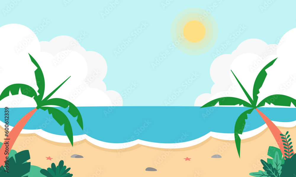 Tropical landscape of coast beautiful sea shore beach on good sunny day flat vector illustration, Creative background of landscape, panorama of sea and beach. Summer sale, post template
