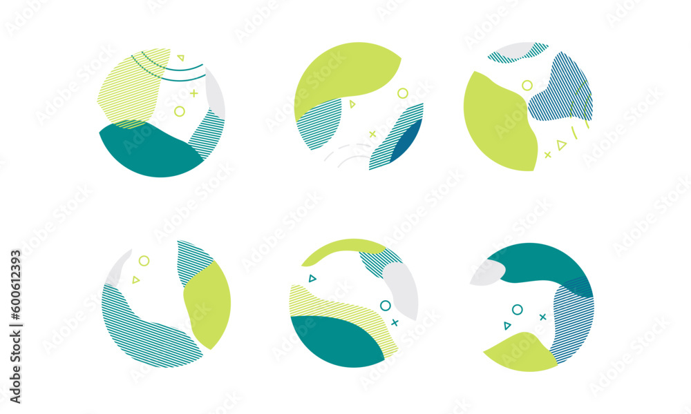 Set of abstract modern graphic circle elements. Dynamical colored around forms and line. Gradient abstract background flowing liquid shapes. Template for the design of a flyer, presentation.