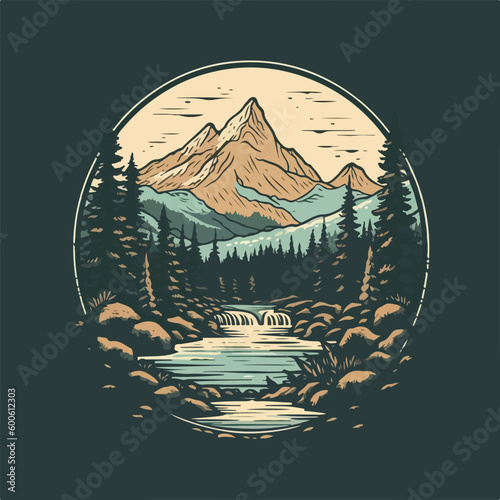 Mountain evergreen pine forest and river scene vintage badge logo vector illustration