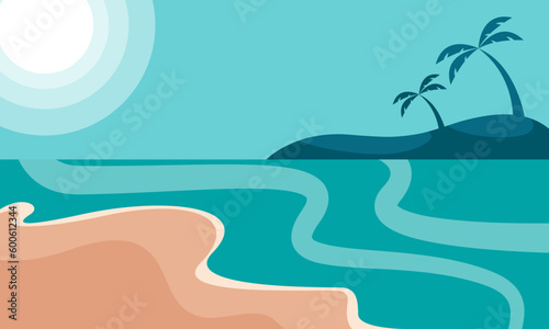 Stampa su tela Tropical landscape of coast beautiful sea shore beach on good sunny day flat vector illustration, Creative background of landscape, panorama of sea and beach