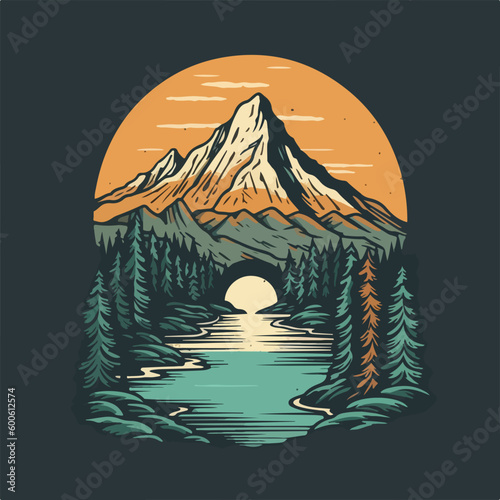 Mountain evergreen pine forest and river scene vintage badge logo vector illustration
