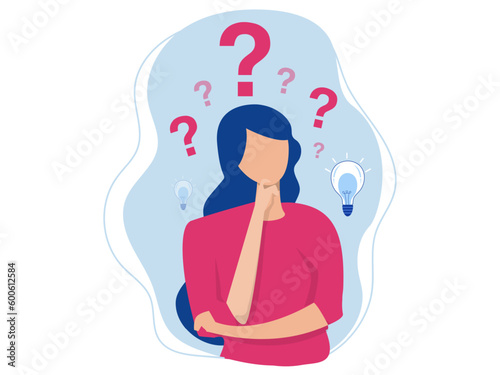 woman thinking with question mark and light bulb doubts his choice about Creativity,Problem solving thoughtful pose concept  design illustration