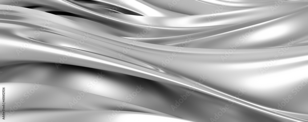 Abstract Silver Wave, chrome banner, platinum copy space, metal motion, grey liquid, white gradient glow, shiny material, smooth motion. Abstract design for copy space text. Generative AI