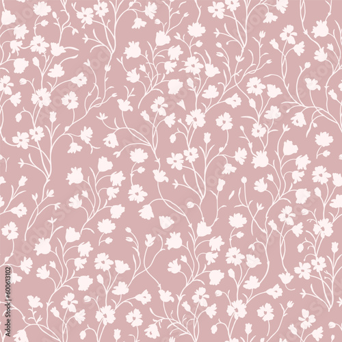 Spring floral pattern of white flowers and twigs on a pale pink background.