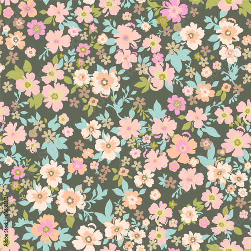 Seamless vintage pattern. Dark green background. Large light pink and light red flowers. Vector texture. Fashionable print for textiles and wallpaper in pastel not bright colors.