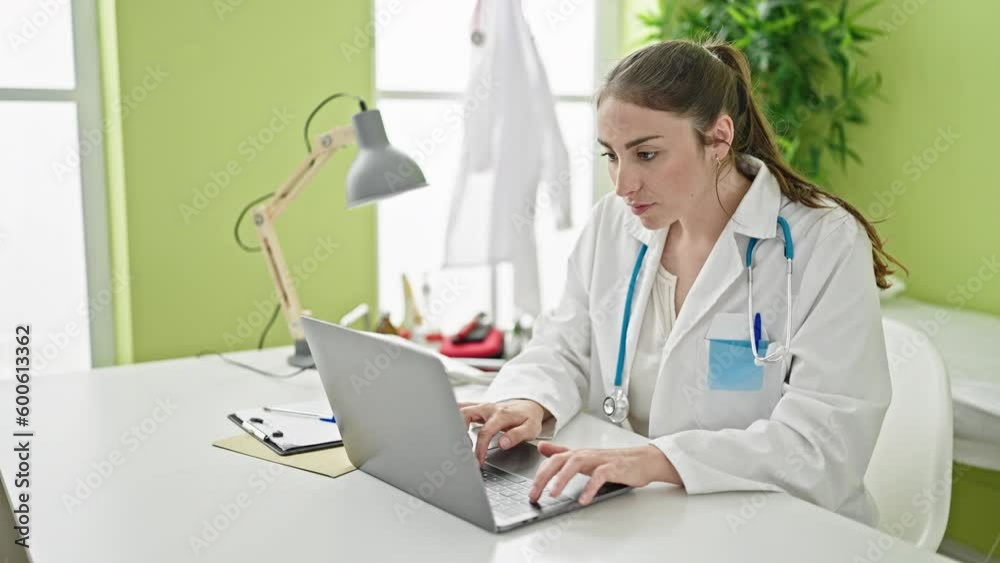 Young beautiful hispanic woman doctor using laptop working at clinic