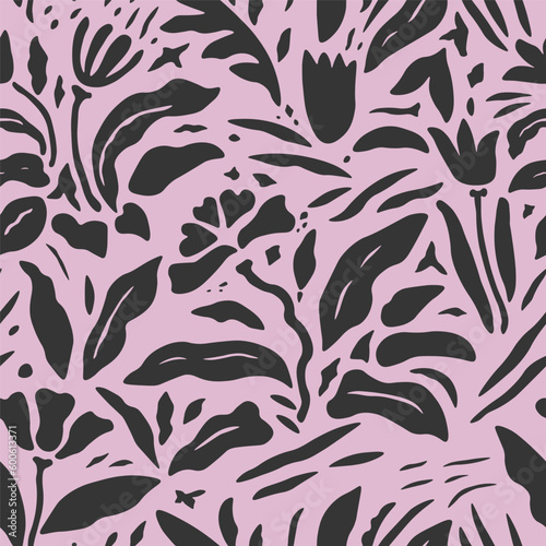 Hand-drawn abstract floral seamless pattern. A collection with dark tropical leaves on a pink background. Includes elements of doodles.