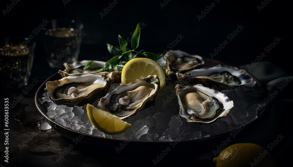 Fresh Pacific oysters on ice, a gourmet seafood appetizer generated by AI Fresh Pacific oysters on ice, a gourmet seafood appetizer generated by AI