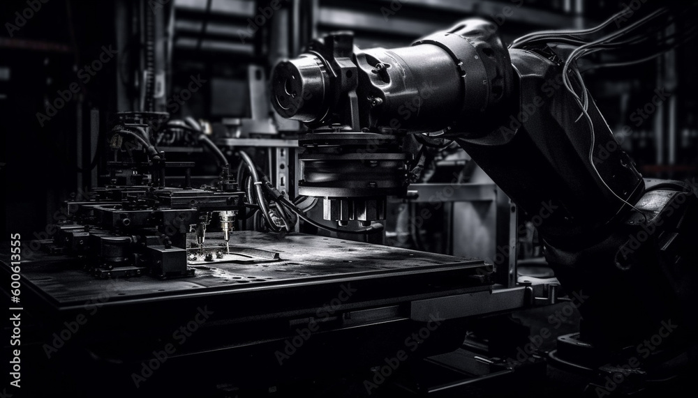 Robotic arm turns steel on lathe in futuristic metal industry generated by AI Robotic arm turns steel on lathe in futuristic metal industry generated by AI