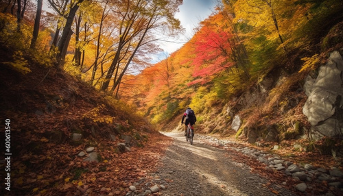 An athlete cycling through a vibrant autumn mountain landscape generated by AI