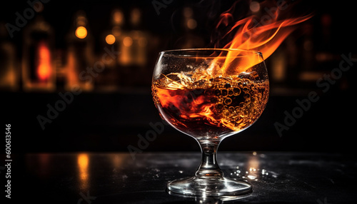 Shiny brandy snifter reflects flame in luxury pub celebration generated by AI