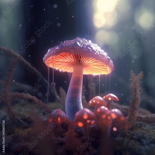 Bioluminiscent mushrooms glowing in the dark, created with Generative AI.