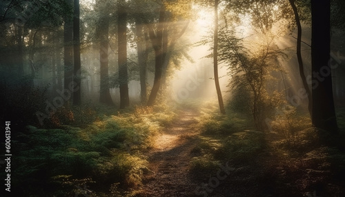 The mysterious forest in autumn  a tranquil scene of beauty generated by AI