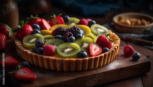 A gourmet berry tart with fresh blueberries and raspberries generated by AI