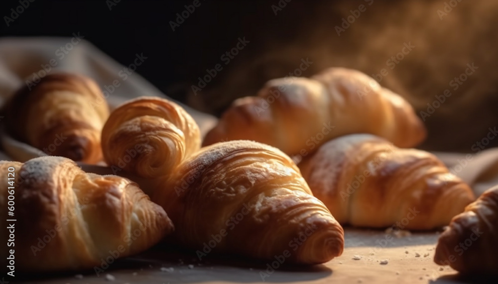 French gourmet pastry: a buttery croissant on a rustic plate generated by AI French gourmet pastry: a buttery croissant on a rustic plate generated by AI