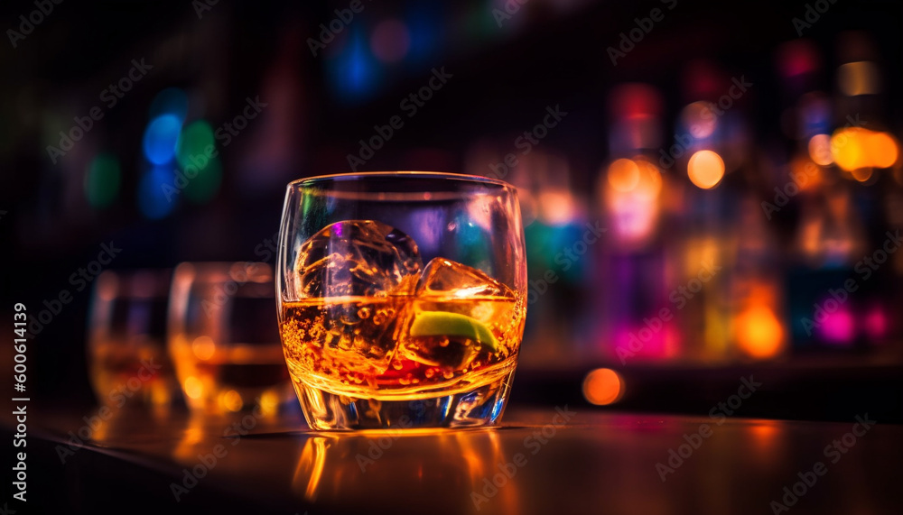 A luxurious shot of scotch whiskey on ice, elegantly illuminated generated by AI