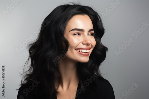This expertly lit head shot portrait captures the stunning beauty of a Latin American woman with black hair and a radiant smile. generative AI.