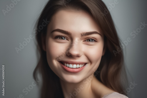 This expertly lit head shot portrait captures the stunning beauty of a Latin American woman with black hair and a radiant smile. generative AI.