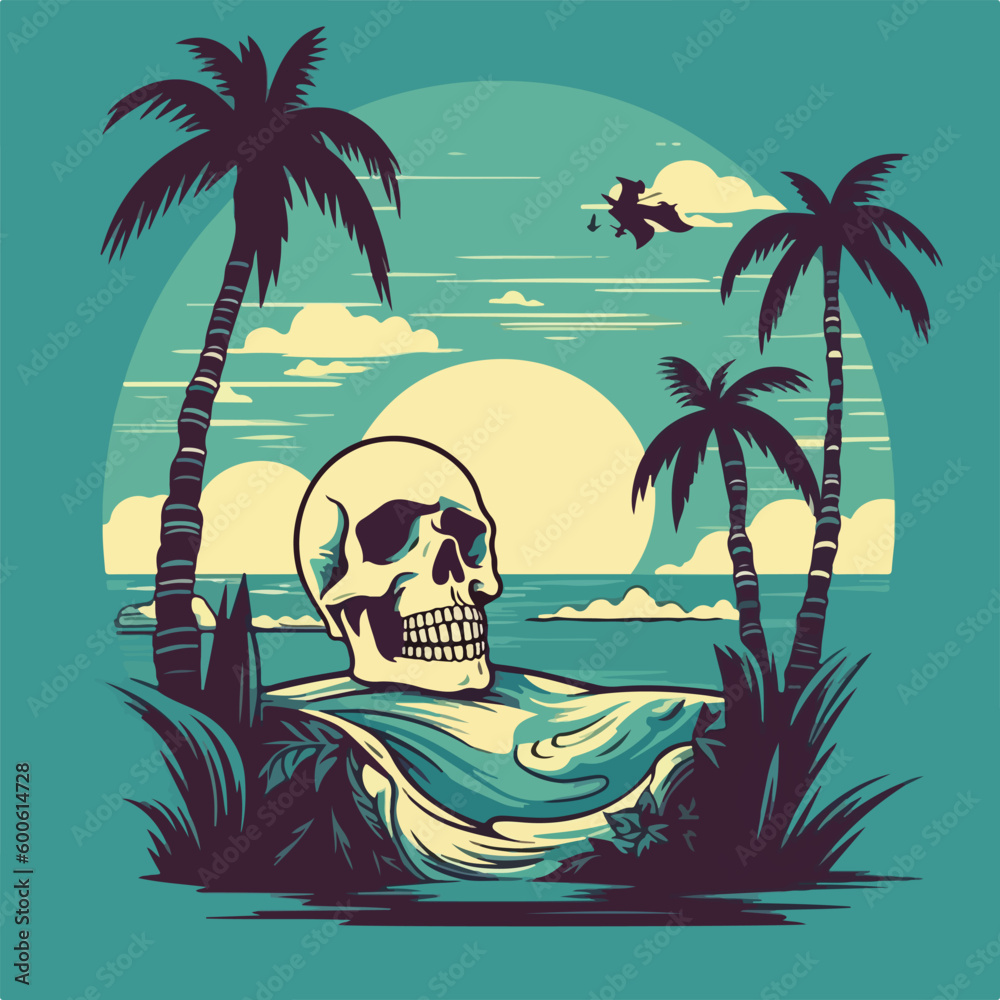 skull head in tropical beach vintage logo badge vector illustration