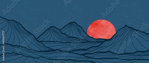 Mountain landscape illustration. Hand drawn style of creative minimalist modern line art print. Abstract contemporary aesthetic background landscape. with Mountains, hills, moonlight