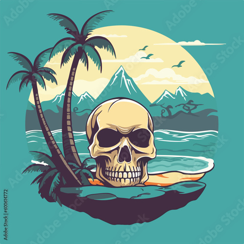 skull head in tropical beach vintage logo badge vector illustration