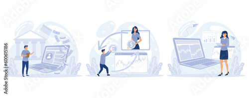 Financial system  concept, Open banking platform, currency exchange, stock market index, forex broker, digital transformation, global investment.  set flat vector modern illustration 