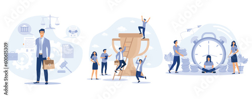 Corporate Lawyer, Consultant Holding Signed Business Agreement. Office Workers Celebrating Victory in Competition, Work Payment, People Invest Money. E business, set flat vector modern illustration © Alwie99d