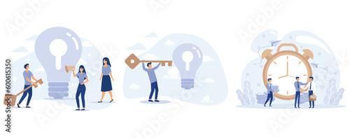 Inspirational Insight Metaphor,New Invention Metaphor, Problem Solution Concept,Finances Management, Investors Give Businessman Golden Coins, set flat vector modern illustration