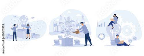  Successful Launch New Idea. Business Development, Entrepreneur Watering Money Tree, Informative Flyer Service Promotion, set flat vector modern illustration 