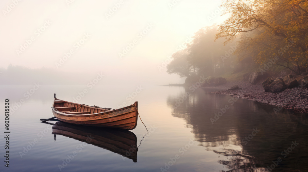 Foggy sunrise on the lake. Old boat near the shore. Generative AI.
